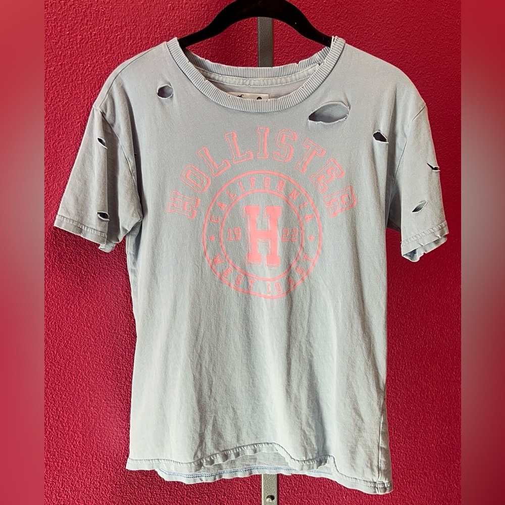 Hollister Light Blue Tee with Pink Logo and Distressed Holes